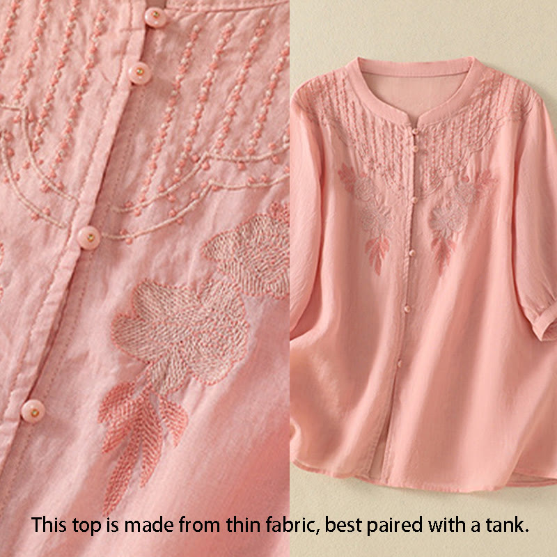 Camicia da donna in cotone a mezza manica con ricamo floreale Buddha Stones e bottoni - image 13