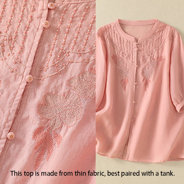 Camicia da donna in cotone a mezza manica con ricamo floreale Buddha Stones e bottoni - image 13