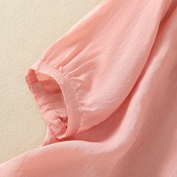 Camicia da donna in cotone a mezza manica con ricamo floreale Buddha Stones e bottoni - image 18