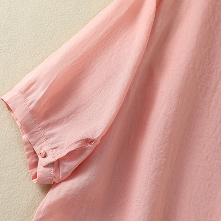 Camicia da donna in cotone a mezza manica con ricamo floreale Buddha Stones e bottoni - image 19