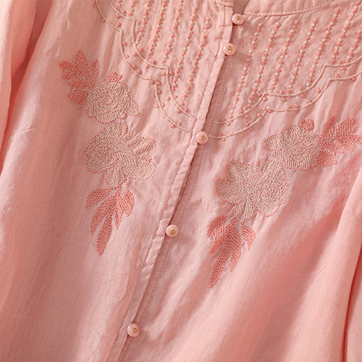 Camicia da donna in cotone a mezza manica con ricamo floreale Buddha Stones e bottoni - image 17