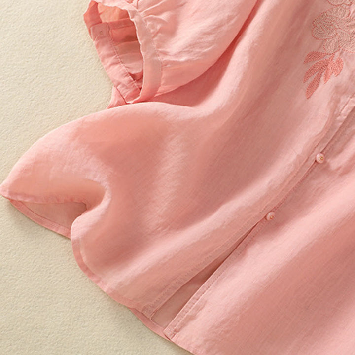 Camicia da donna in cotone a mezza manica con ricamo floreale Buddha Stones e bottoni - image 20