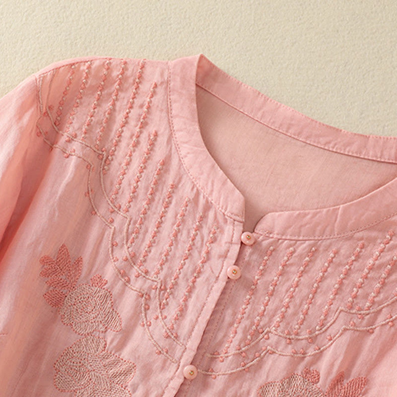 Camicia da donna in cotone a mezza manica con ricamo floreale Buddha Stones e bottoni - image 16