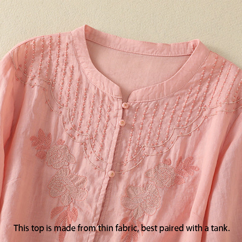 Camicia da donna in cotone a mezza manica con ricamo floreale Buddha Stones e bottoni - image 14