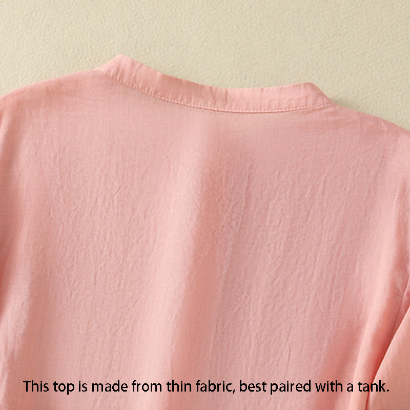 Camicia da donna in cotone a mezza manica con ricamo floreale Buddha Stones e bottoni - image 15