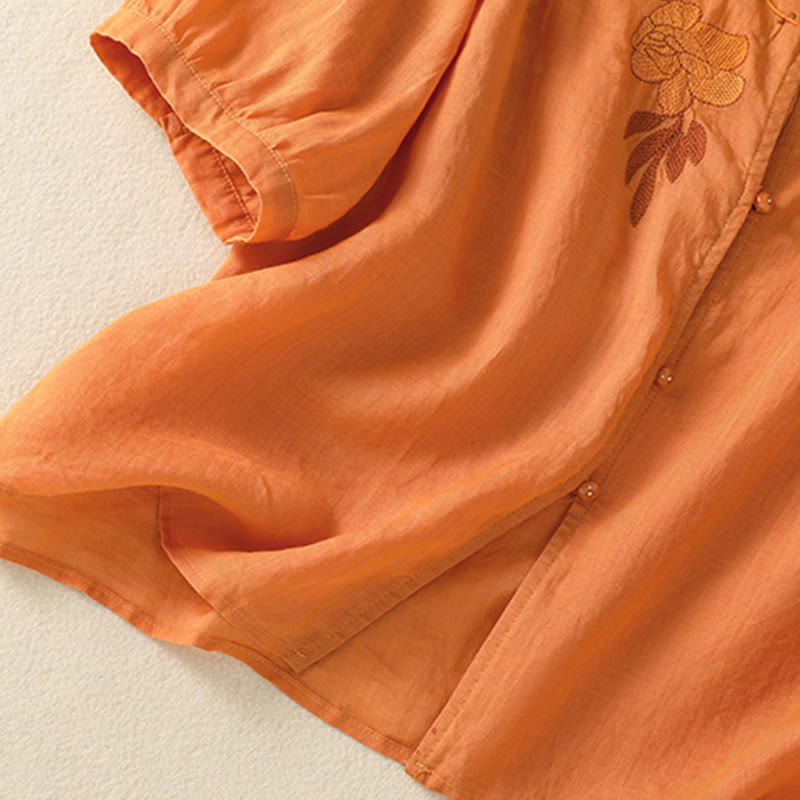 Camicia da donna in cotone a mezza manica con ricamo floreale Buddha Stones e bottoni - image 31