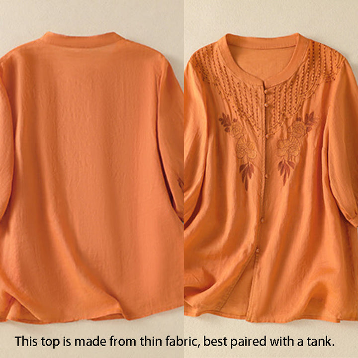 Camicia da donna in cotone a mezza manica con ricamo floreale Buddha Stones e bottoni - image 25