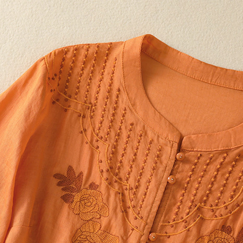 Camicia da donna in cotone a mezza manica con ricamo floreale Buddha Stones e bottoni - image 26