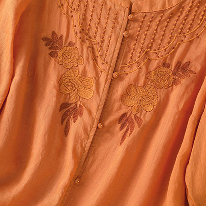 Camicia da donna in cotone a mezza manica con ricamo floreale Buddha Stones e bottoni - image 32