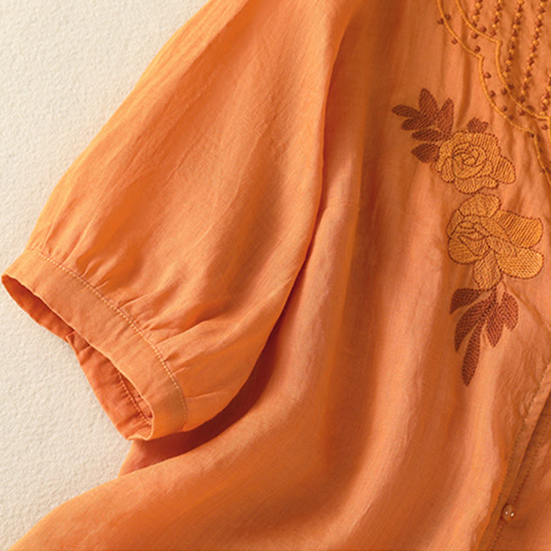 Camicia da donna in cotone a mezza manica con ricamo floreale Buddha Stones e bottoni - image 30