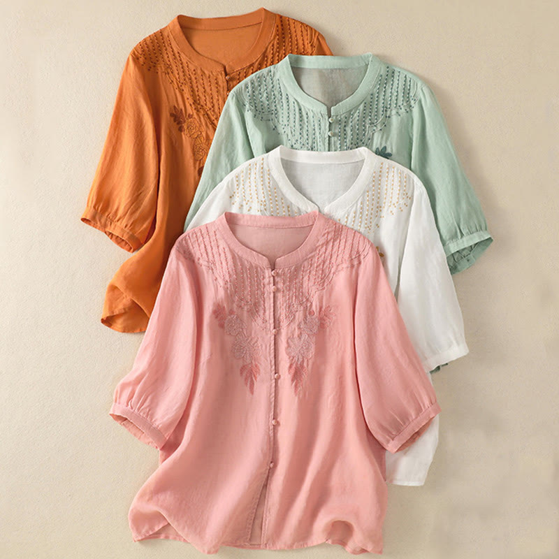 Camicia da donna in cotone a mezza manica con ricamo floreale Buddha Stones e bottoni - image 1