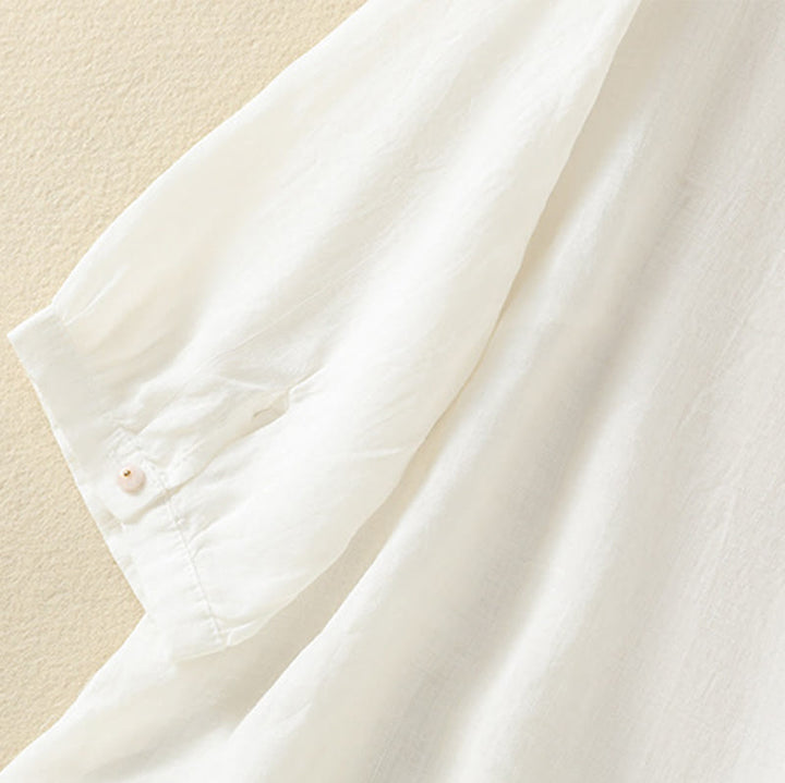 Camicia da donna in cotone a mezza manica con ricamo floreale Buddha Stones e bottoni - image 38