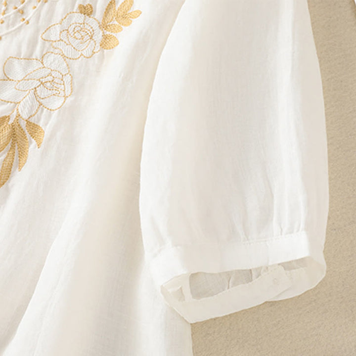 Camicia da donna in cotone a mezza manica con ricamo floreale Buddha Stones e bottoni - image 40