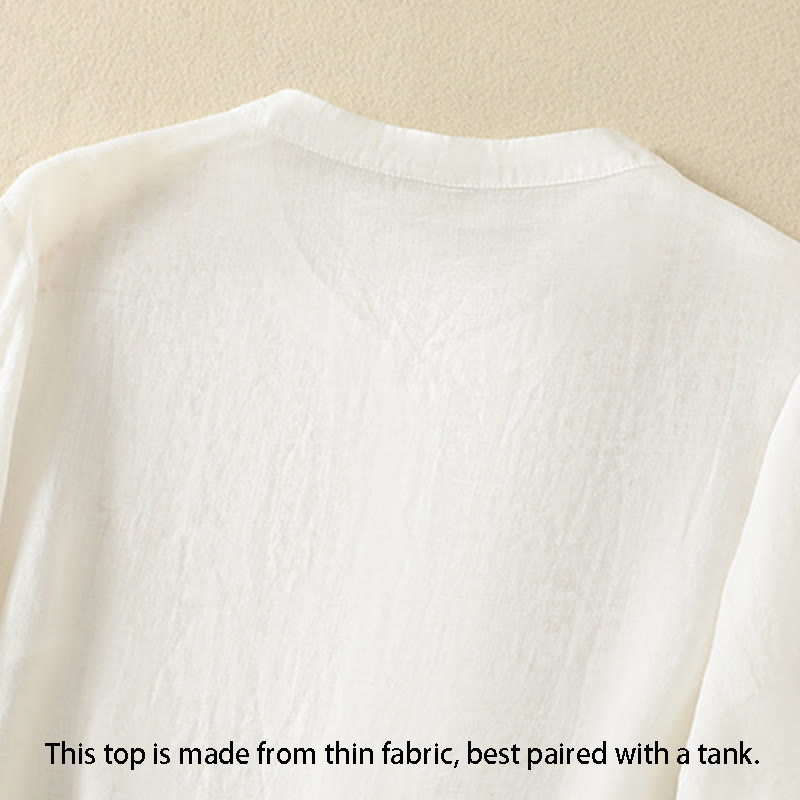 Camicia da donna in cotone a mezza manica con ricamo floreale Buddha Stones e bottoni - image 36