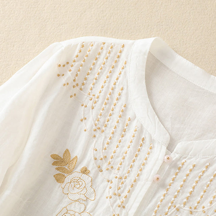 Camicia da donna in cotone a mezza manica con ricamo floreale Buddha Stones e bottoni - image 37