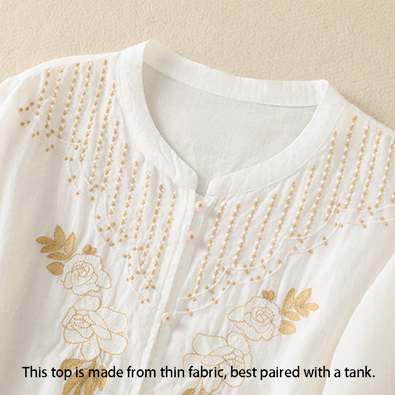 Camicia da donna in cotone a mezza manica con ricamo floreale Buddha Stones e bottoni - image 35