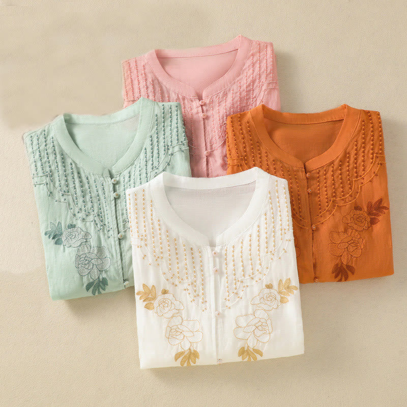 Camicia da donna in cotone a mezza manica con ricamo floreale Buddha Stones e bottoni - image 41