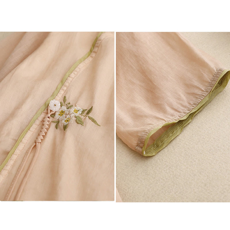 Camicia da donna a maniche a tre quarti con scollo rotondo e ricamo floreale a foglie verdi, colore beige Buddha Stones. - image 18