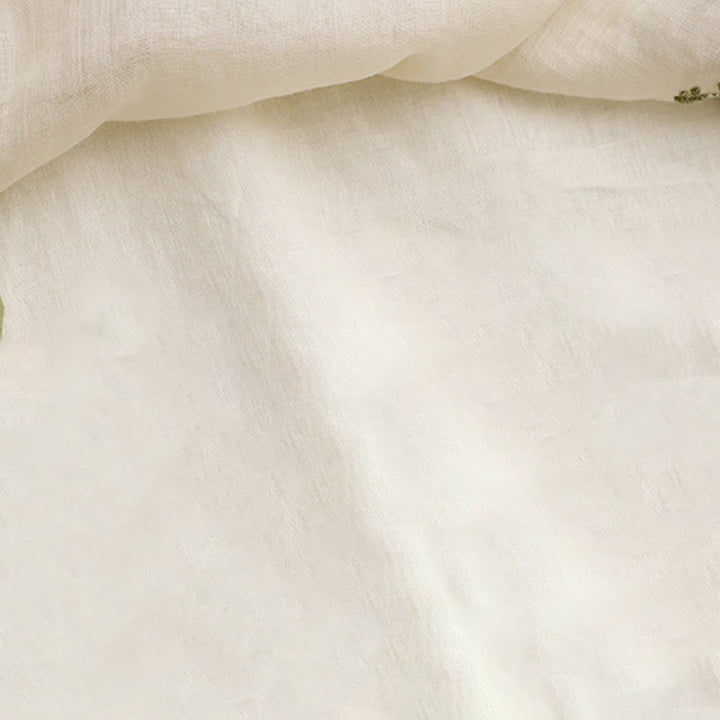 Buddha Stones Camicia da donna in cotone con maniche a tre quarti, girocollo, ricamo floreale beige e foglie verdi - image 6