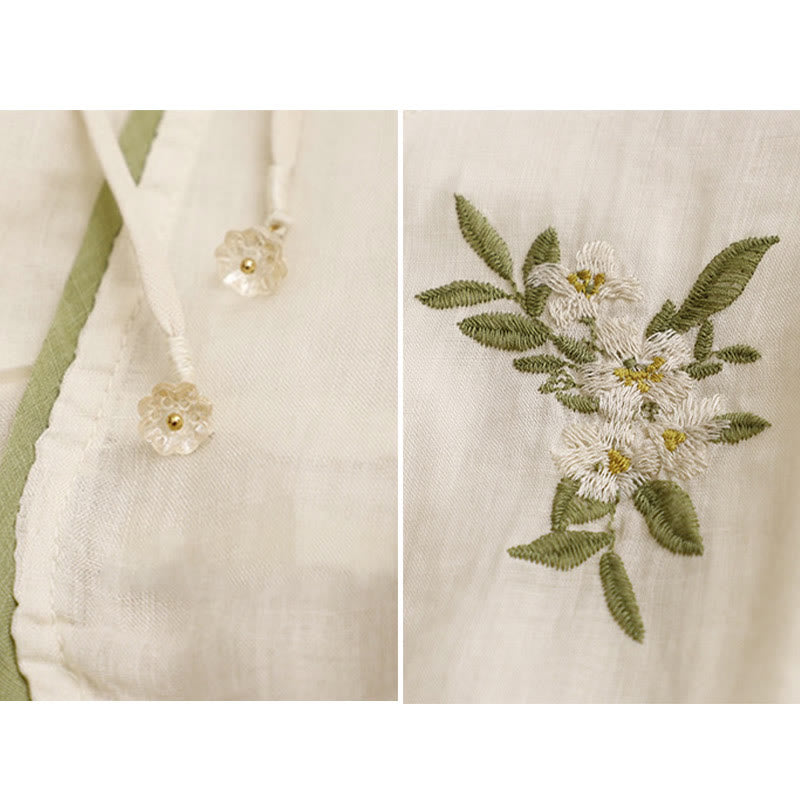 Camicia da donna a maniche a tre quarti con scollo rotondo e ricamo floreale a foglie verdi, colore beige Buddha Stones. - image 10