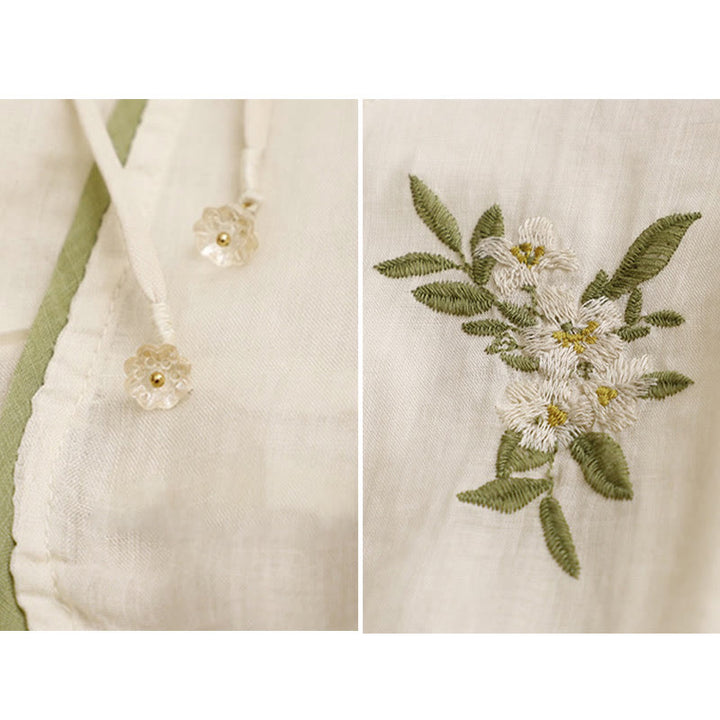 Camicia da donna a maniche a tre quarti con scollo rotondo e ricamo floreale a foglie verdi, colore beige Buddha Stones. - image 10