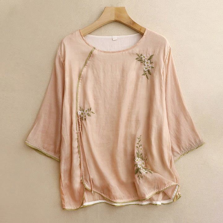 Camicia da donna a maniche a tre quarti con scollo rotondo e ricamo floreale a foglie verdi, colore beige Buddha Stones. - PeachPuff - US12, UK/AU16, EU44 (2XL) - image 13