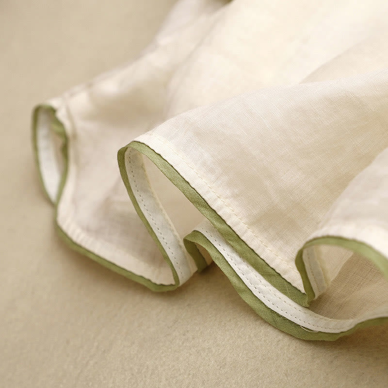 Buddha Stones Camicia da donna in cotone con maniche a tre quarti, girocollo, ricamo floreale beige e foglie verdi - image 7