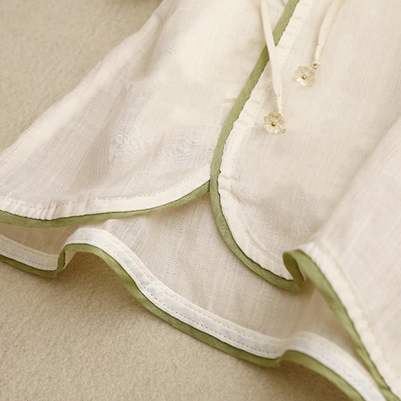 Camicia da donna a maniche a tre quarti con scollo rotondo e ricamo floreale a foglie verdi, colore beige Buddha Stones. - image 9
