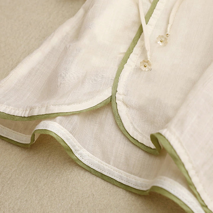 Camicia da donna a maniche a tre quarti con scollo rotondo e ricamo floreale a foglie verdi, colore beige Buddha Stones. - image 9