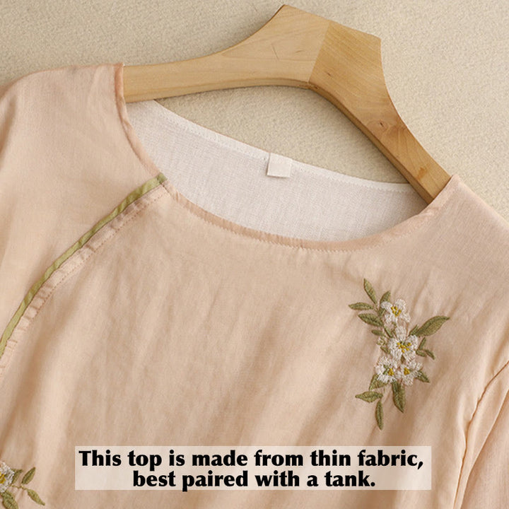 Camicia da donna a maniche a tre quarti con scollo rotondo e ricamo floreale a foglie verdi, colore beige Buddha Stones. - image 14