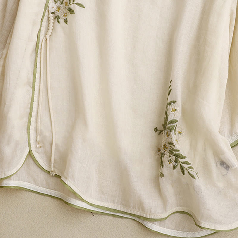 Camicia da donna a maniche a tre quarti con scollo rotondo e ricamo floreale a foglie verdi, colore beige Buddha Stones. - image 5
