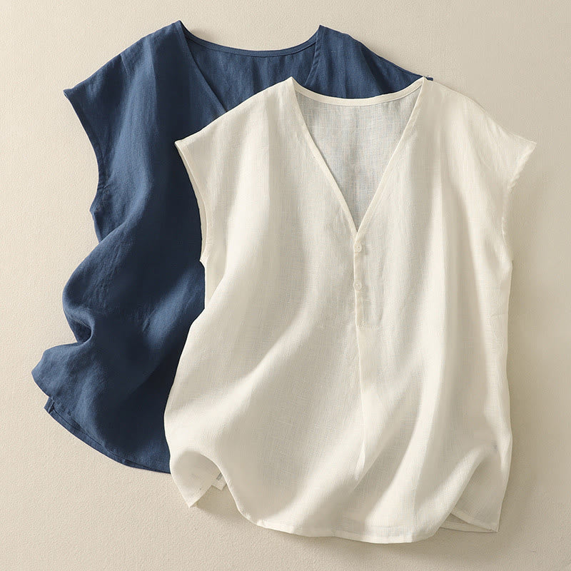 Buddha Stones Gilet senza maniche in cotone da donna con scollo a V retrò e bottoni - image 1