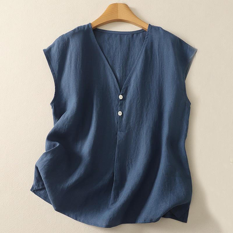 Buddha Stones Gilet senza maniche in cotone da donna con scollo a V retrò e bottoni - SteelBlue - US8-10, UK/AU12-14, EU40-42 (2XL) - image 0