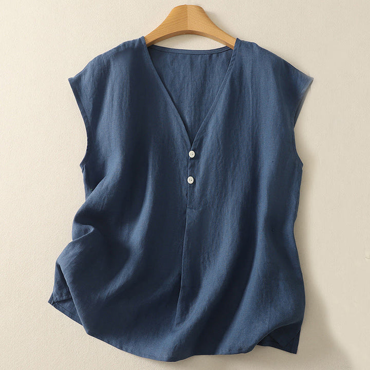 Buddha Stones Gilet senza maniche in cotone da donna con scollo a V retrò e bottoni - SteelBlue - US8-10, UK/AU12-14, EU40-42 (2XL) - image 0