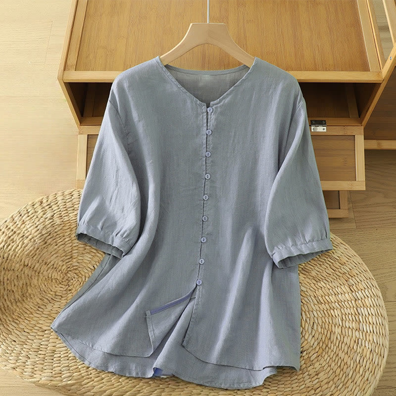 Buddha Stones Camicia da donna con scollo a V, maniche corte e bottoni in tinta unita - Blu acciaio chiaro - US12, UK/AU16, EU44 (2XL) - image 21