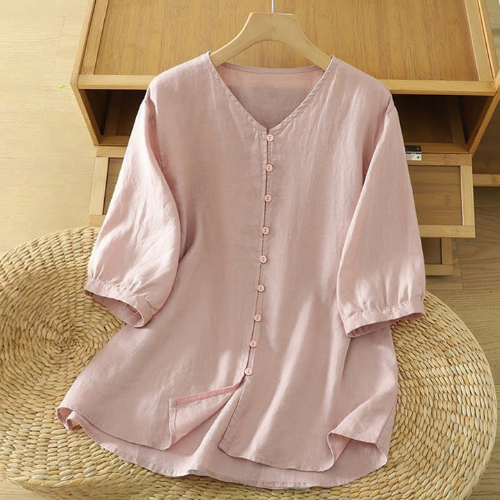 Camicia da donna a maniche corte con scollo a V e bottoni a tinta unita con motivo Buddha Stones. - Rosa chiaro - US12, UK/AU16, EU44 (2XL) - image 0