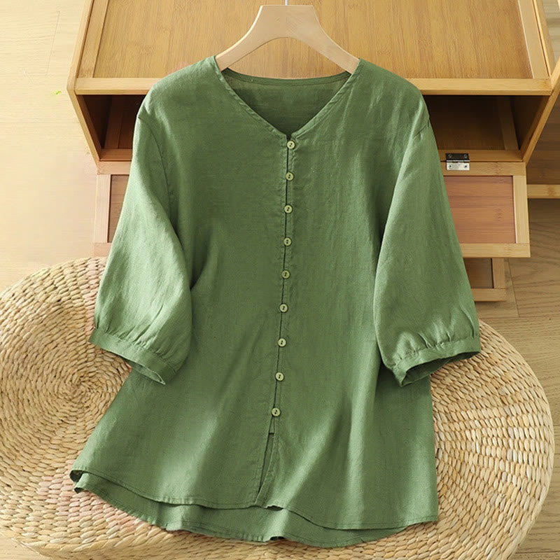 Camicia da donna a maniche corte con scollo a V e bottoni a tinta unita con motivo Buddha Stones. - Verde Mare Scuro - US12, UK/AU16, EU44 (2XL) - image 16