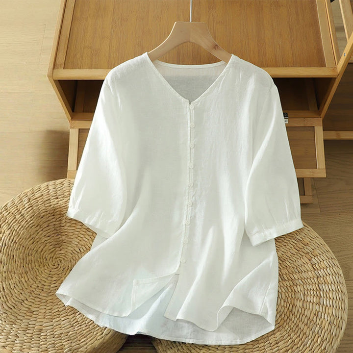 Buddha Stones Camicia da donna con scollo a V, maniche corte e bottoni in tinta unita - Bianco - US12, UK/AU16, EU44 (2XL) - image 6
