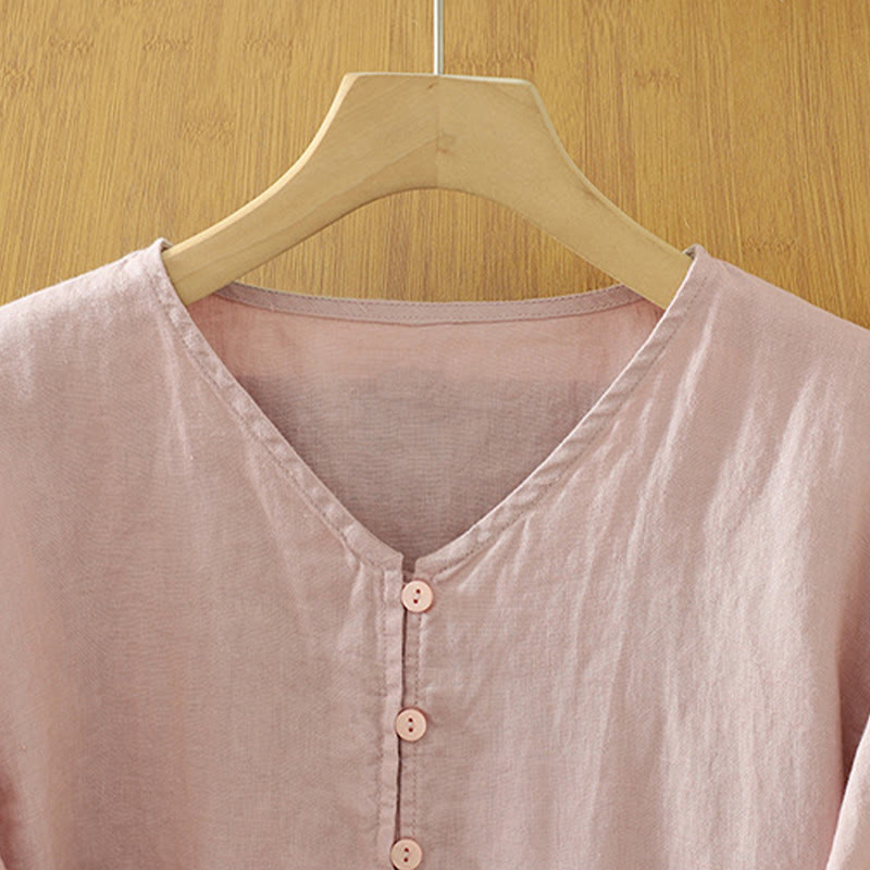 Buddha Stones Camicia da donna con scollo a V, maniche corte e bottoni in tinta unita - image 2