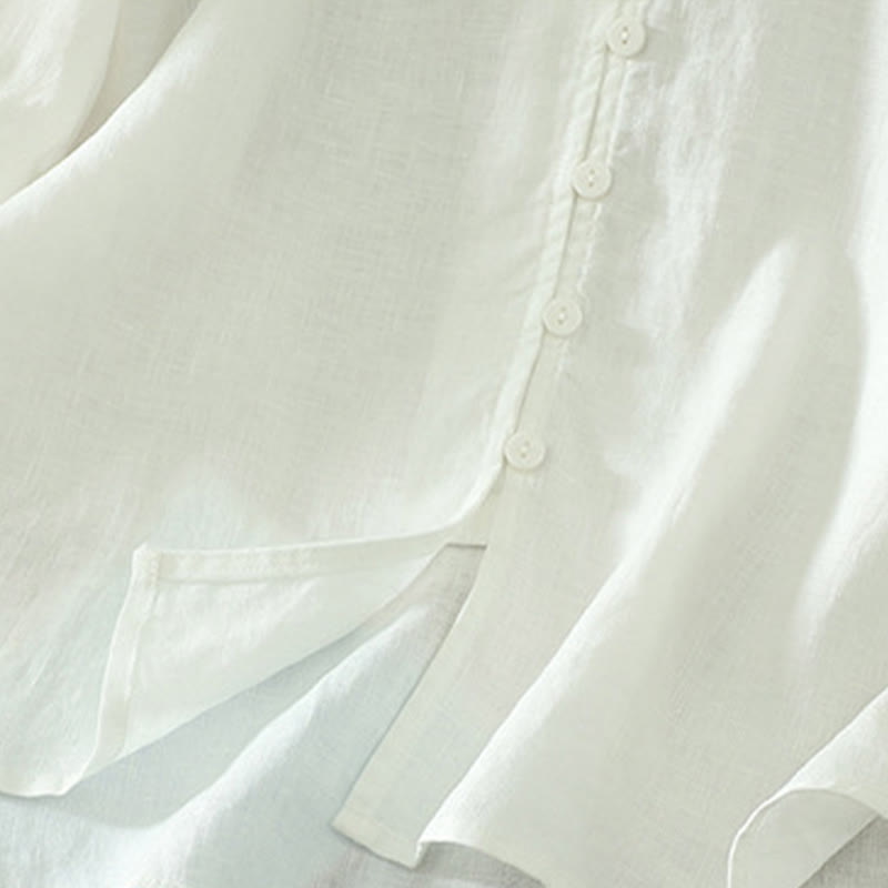 Camicia da donna a maniche corte con scollo a V e bottoni a tinta unita con motivo Buddha Stones. - image 14