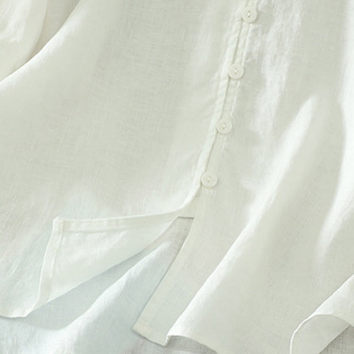 Camicia da donna a maniche corte con scollo a V e bottoni a tinta unita con motivo Buddha Stones. - image 14