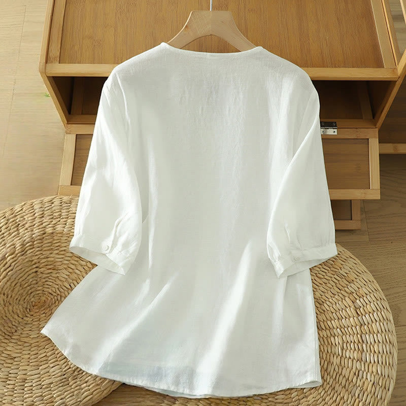 Camicia da donna a maniche corte con scollo a V e bottoni a tinta unita con motivo Buddha Stones. - image 7