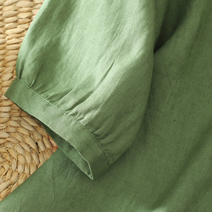 Camicia da donna a maniche corte con scollo a V e bottoni a tinta unita con motivo Buddha Stones. - image 20