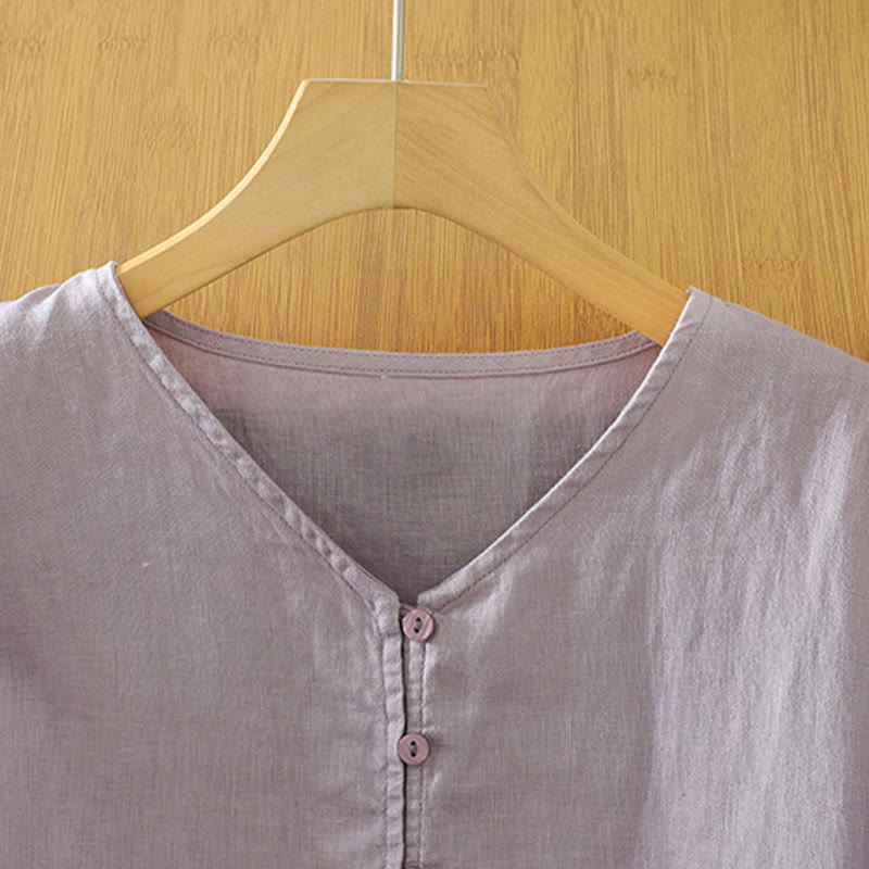 Buddha Stones Camicia da donna con scollo a V, maniche corte e bottoni in tinta unita - image 27
