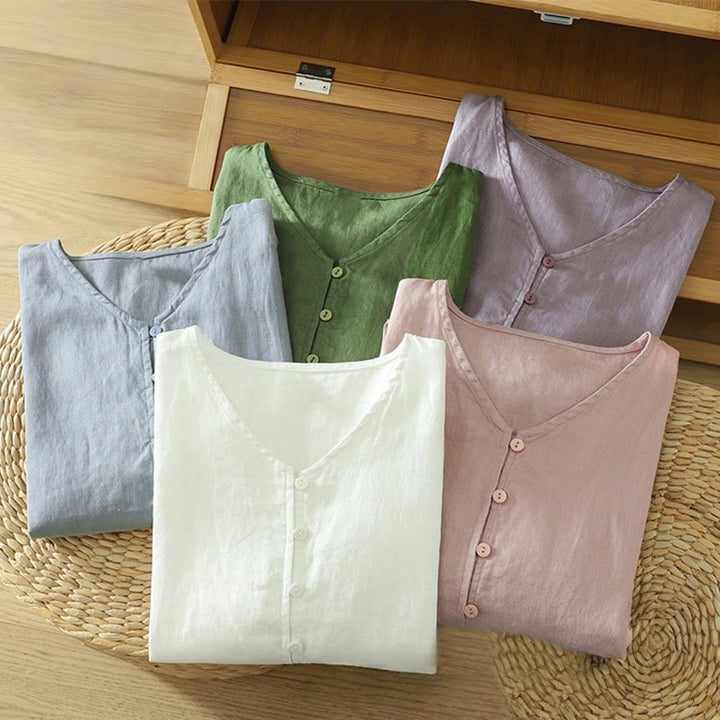 Buddha Stones Camicia da donna con scollo a V, maniche corte e bottoni in tinta unita - image 31