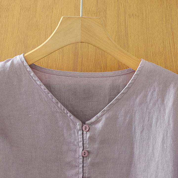 Buddha Stones Camicia da donna con scollo a V, maniche corte e bottoni in tinta unita - image 27