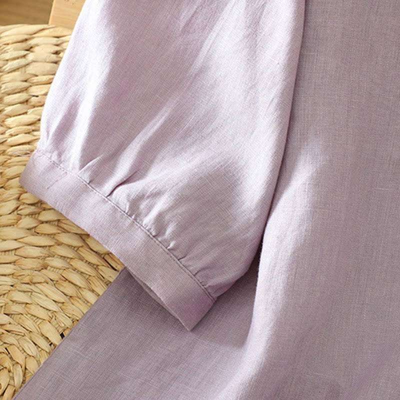 Camicia da donna a maniche corte con scollo a V e bottoni a tinta unita con motivo Buddha Stones. - image 30