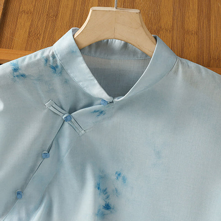Buddha Stones Camicia da donna senza maniche con bottoni a forma di rana, azzurra - image 3