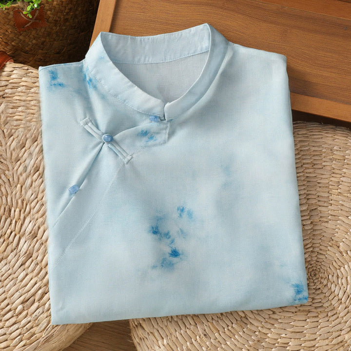 Buddha Stones Camicia da donna senza maniche con bottoni a forma di rana, azzurra - image 2