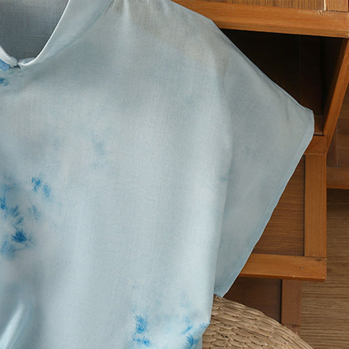 Buddha Stones Camicia da donna senza maniche con bottoni a forma di rana, azzurra - image 7